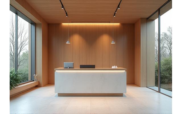 Sekkei Kukanのモダンでミニマリストなオフィス受付。日本の美的感覚と現代建築の融合。